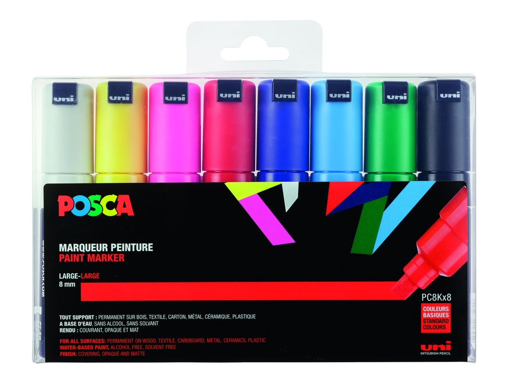 MARQUEURS POSCA PC8K COULEURS BASIQUES, ÉTUI DE 8