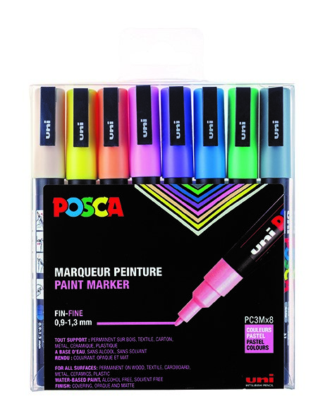 MARQUEURS POSCA PC3M COULEURS PASTEL, ÉTUI DE 8