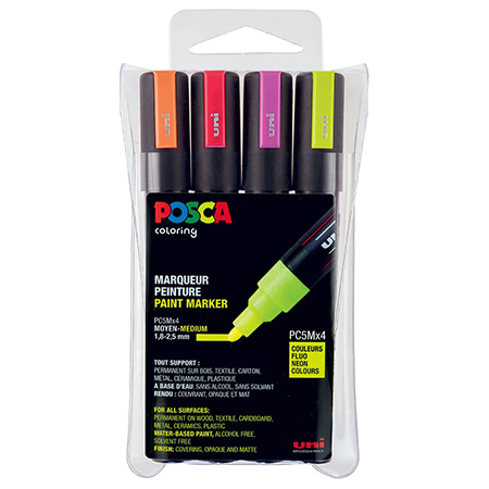 POSCA PC5M FLUO MARKERS, BOX OF 4 ASSORTED
