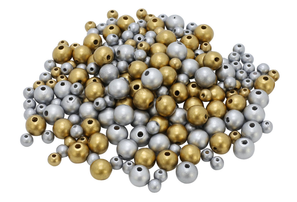 ROUND GOLD AND SILVER WOODEN BEADS, BUCKET OF 600 BEADS