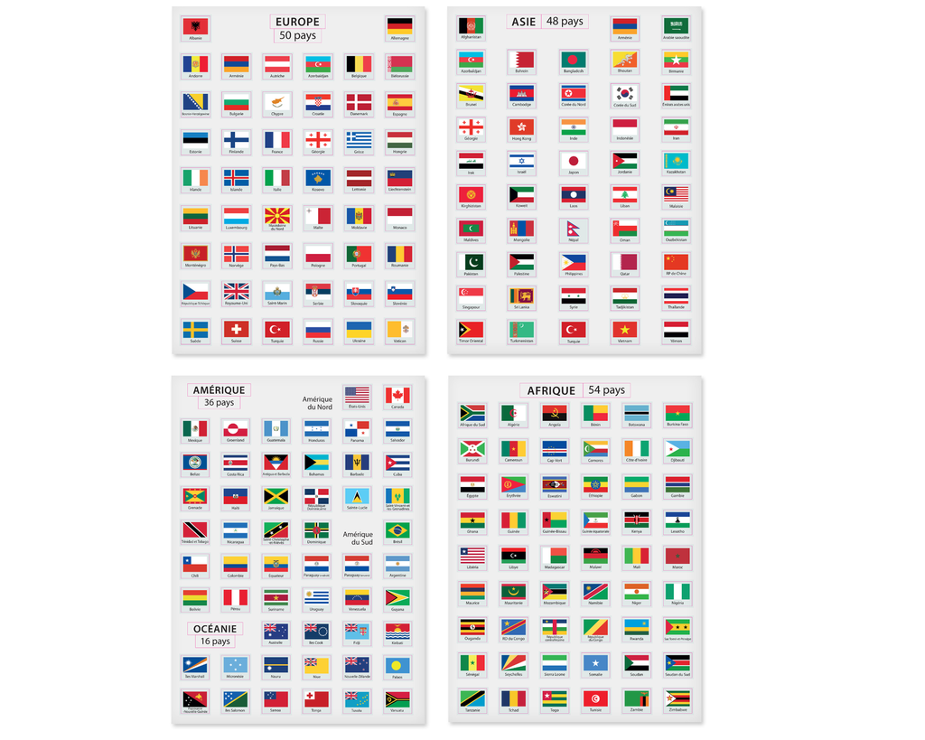 GOMMETTES ADHÉSIVES DRAPEAUX 5 CONTINENT, 4 PLANCHES