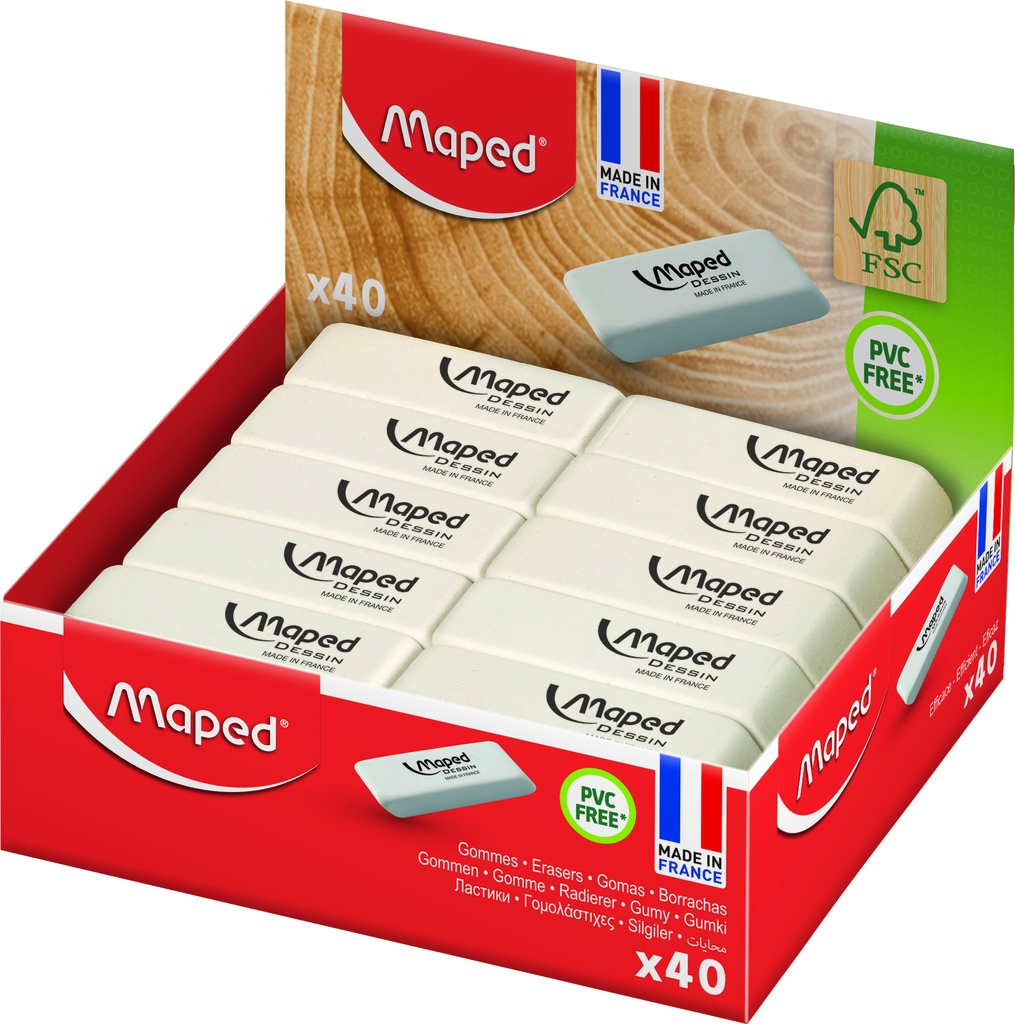 GOMMES CRAYON CAOUTCHOUC NATUREL MAPED, LA BOÎTE DE 40