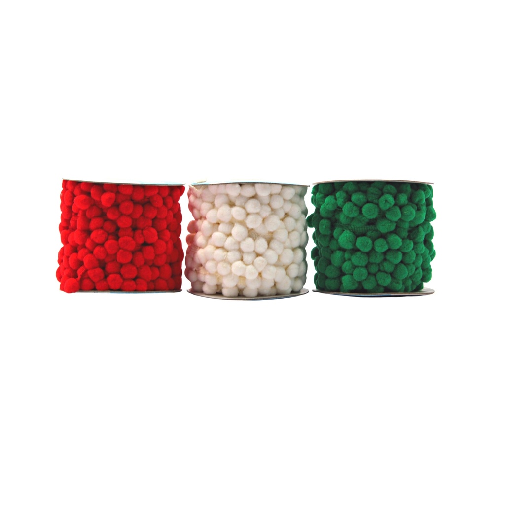 RUBANS POMPONS NOEL, ASS. DE 3 ROULEAUX