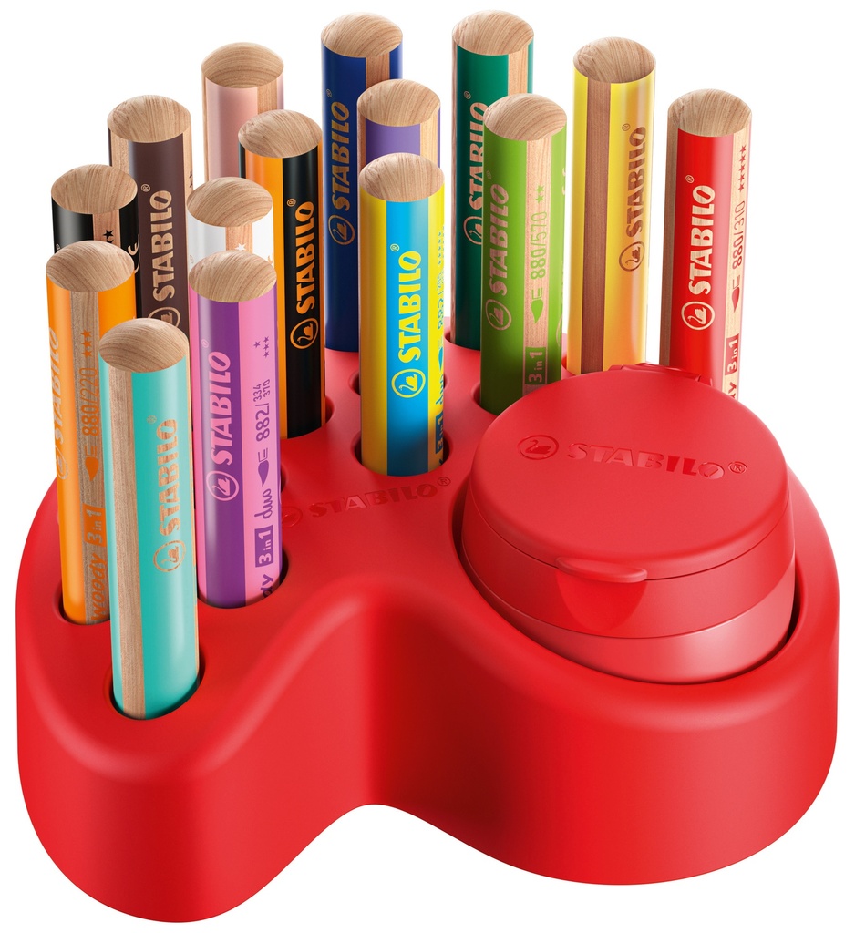 WOODY CRÉATIVE SET - SUPPORT AVEC 15 CRAYONS ASS. + 1 TAILLE-CRAYON