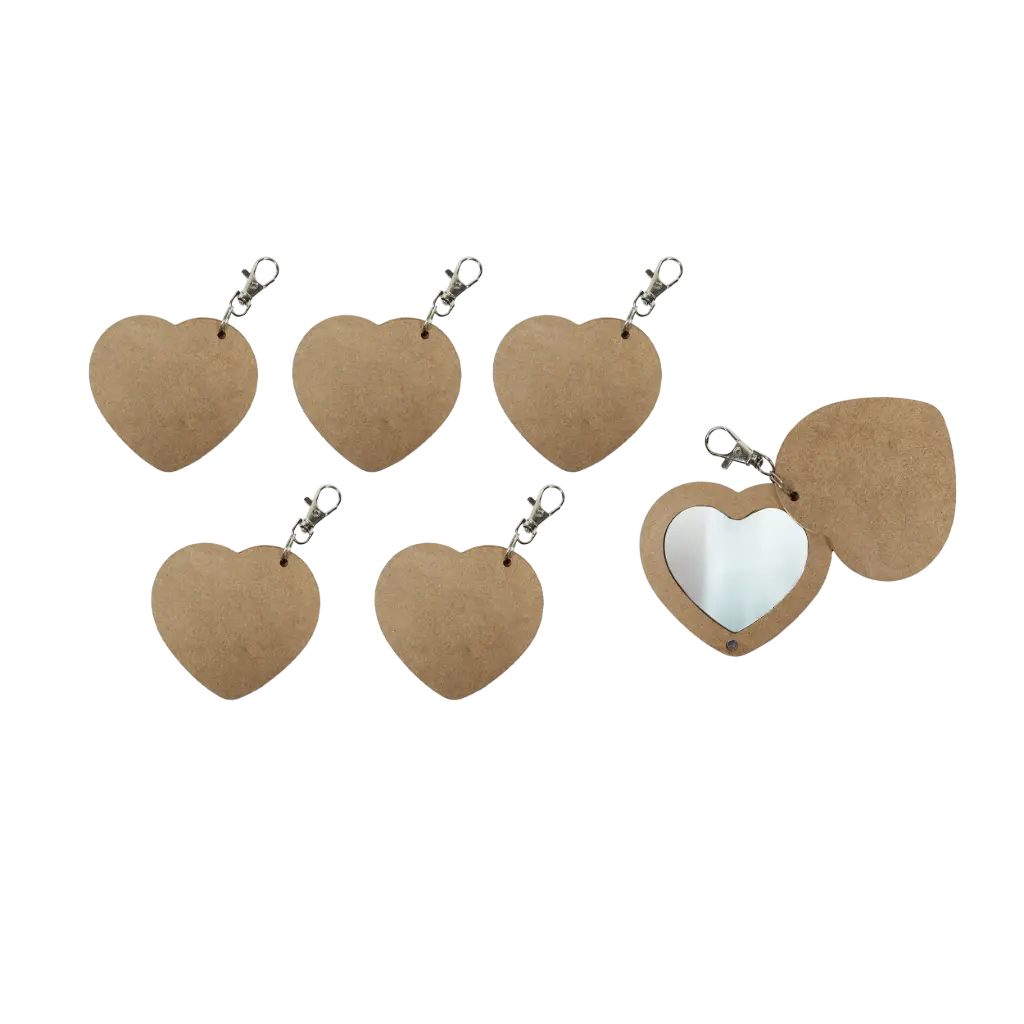 PORTE-CLÉS MIROIR EN BOIS "COEUR", LOT DE 6