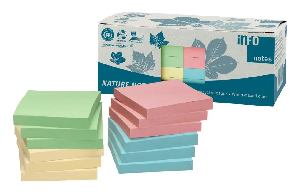 INFO-NOTES ADHÉSIVES RECYCLÉES COULEURS ASSORTIES 75X75MM, BOÎTE DE 12 ASS.