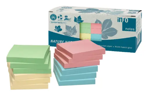 [1068] INFO-NOTES ADHÉSIVES RECYCLÉES COULEURS ASSORTIES 75X75MM, BOÎTE DE 12 ASS.
