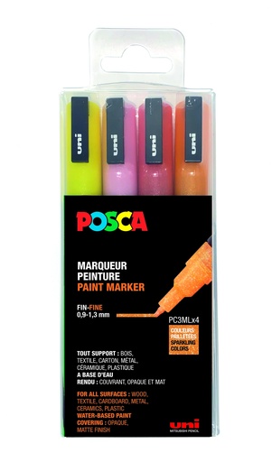 [53721C] POSCA PC3M GLITTER KLEURMARKERS HOT, DOOS VAN 4