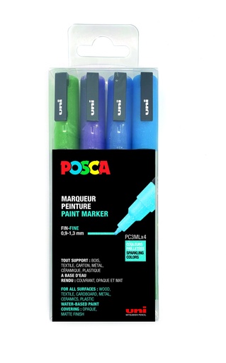 [53721E] MARQUEURS POSCA PC3M PAILLETÉS COUL. FROIDES, ÉTUI DE 4