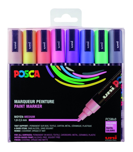 [53731C] MARQUEURS POSCA PC5M COUL. PASTEL, ÉTUI DE 8